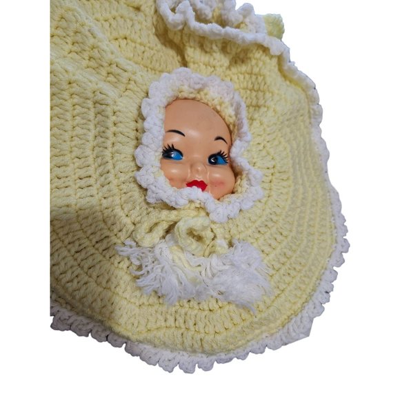 Vintage Doll Face Crochet Pillow Cover 14" Round - Picture 6 of 9